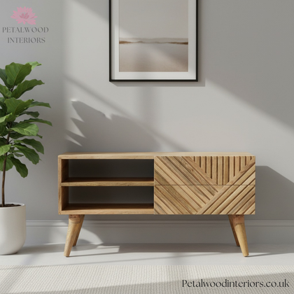 Solid Wood - TV Stand - 2 Drawers 2 Shelves - Zig-Zag Pattern - Modern Design - Timeless Design - Petalwood Interiors- Front