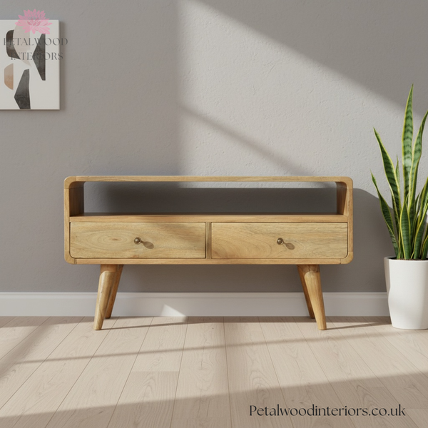 Solid Wood - TV Stand - 2 Drawers and Large Shelf - 47cm Height - Timeless Design - Petalwood Interiors- Front