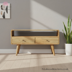 Solid Wood - TV Stand - 2 Drawers and Large Shelf - 47cm Height - Timeless Design - Petalwood Interiors- Front