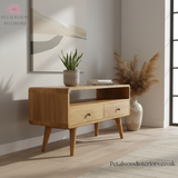 Solid Wood - TV Stand - 2 Drawers and Large Shelf - 47cm Height - Timeless Design - Petalwood Interiors- Side