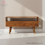 Solid Wood - TV Stand - 2 Drawers and Large Shelf - 47cm Height - Vintage Design - Timesless Desingn - Petalwood Interiors - Front