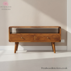 Solid Wood - TV Stand - 2 Drawers and Large Shelf - 47cm Height - Vintage Design - Timesless Desingn - Petalwood Interiors - Front
