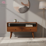Solid Wood - TV Stand - 2 Drawers and Large Shelf - 47cm Height - Vintage Design - Timesless Desingn - Petalwood Interiors - Front