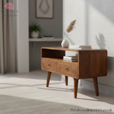 Solid Wood - TV Stand - 2 Drawers and Large Shelf - 47cm Height - Vintage Design - Timesless Desingn - Petalwood Interiors - Side