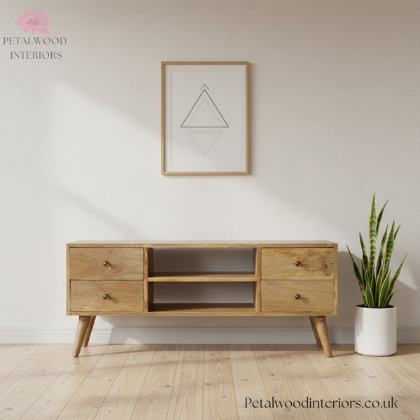 Solid Wood - TV Stand with 4 Drawers and 2 Shelves - 90cm Height - Classic Design - Timeless Design - Petalwood Interiors- Front