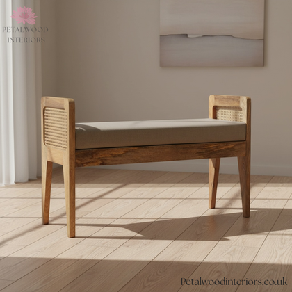 Solid Wood - Wooden Bench with Rattan Sides and Linen Upholstery - Timeless Design - Petalwood Interiors - Side