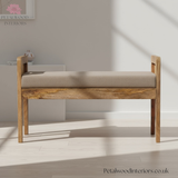 Solid Wood - Wooden Bench with Rattan Sides and Linen Upholstery - Timeless Design - Petalwood Interiors - Front