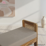 Solid Wood - Wooden Bench with Rattan Sides and Linen Upholstery - Timeless Design - Petalwood Interiors