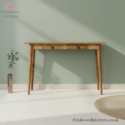 Solid Wood - Writing Desk Table - Vintage Shell Handles And Two Drawers - Timeless Design - Petalwood Interiors- Front