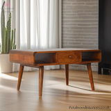 Solid Wood - Coffee Table - With Single Drawer & Open Shelves | Vintage Style - Petalwood Interiors- Side 1