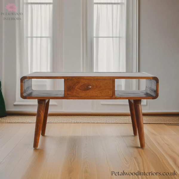 Solid Wood - Coffee Table - With Single Drawer & Open Shelves | Vintage Style - Petalwood Interiors- Front