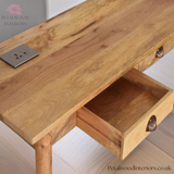 Solid Wood - Writing Desk 2 Drawers - Built-in Power USB & Plug | Classic Design - Petalwood Interiors