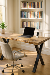 Live Edge Study Desk - With X Cross Metal Legs - 120cm Long