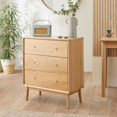 Solid Oak Chest of Drawers - Wright 3-Drawer Storage with Oak Veneers