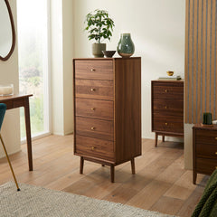 Solid Walnut Tallboy - Wright 5-Drawer Chest with Walnut Veneers