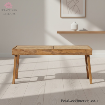 Wooden Bench with Rattan Seating - Light Solid Wood - Timeless Design - Petalwood Interiors - Front