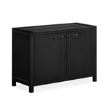 2 door black sideboard with soft close mechanism on a white background