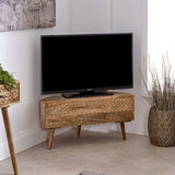 corner tv stand light mango wood 90cm front