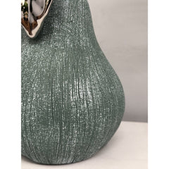 Hand-Cast Ceramic Pear Sculpture - Green & Silver Decorative Ornament - 21cm