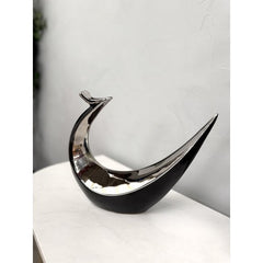 Ceramic Bird Sculpture - Black & Silver Abstract Ornament - 28cm