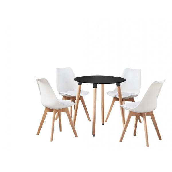 Round Dining Table Set Scandinavian Oak 80cm with 4 Faux Leather Chairs