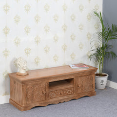 Carved Mango Wood TV Cabinet - 2-Door & 1-Drawer Media Storage