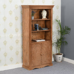 Carved Mango Wood Corner Bookcase - 3 Shelves & 1-Door Storage