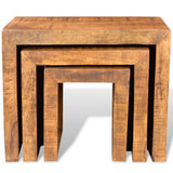 mango wood nesting tables with natural finish in stacked position in white background