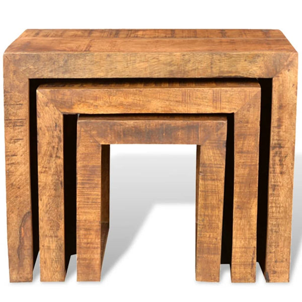 mango wood nesting tables with natural finish in stacked position in white background