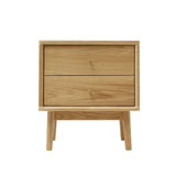 oak bedside table 46cm wide solid wood with two drawers white background
