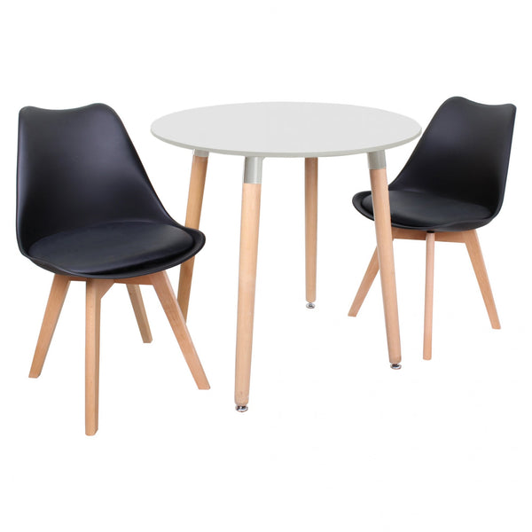 round dining set with black fabric chairs