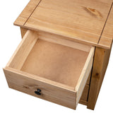 solid wood bedside cabinet in natural finish in close up with top drawer opened