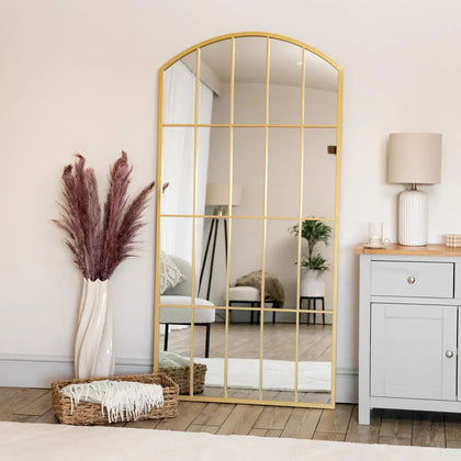 Tomi Full Length Arched Window Mirror - Gold Metal - 150cm x 60cm