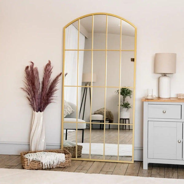 Tomi Full Length Arched Window Mirror - Gold Metal - 150cm x 60cm