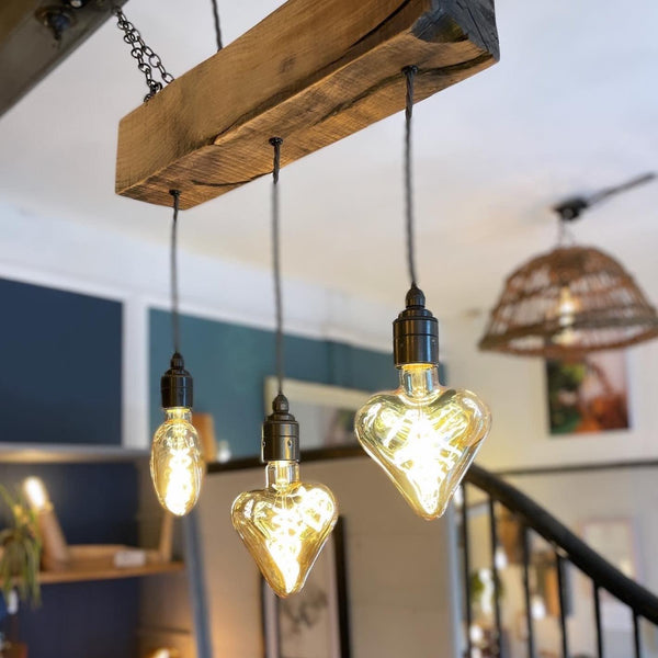 Triple Heartwood Elegance Oak Chandelier - Three-Bulb Ceiling Cluster Pendant Light - Reclaimed Oak