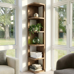 Valora Solid Wood Corner Bookshelf - Walnut Colour - Open Bookcase